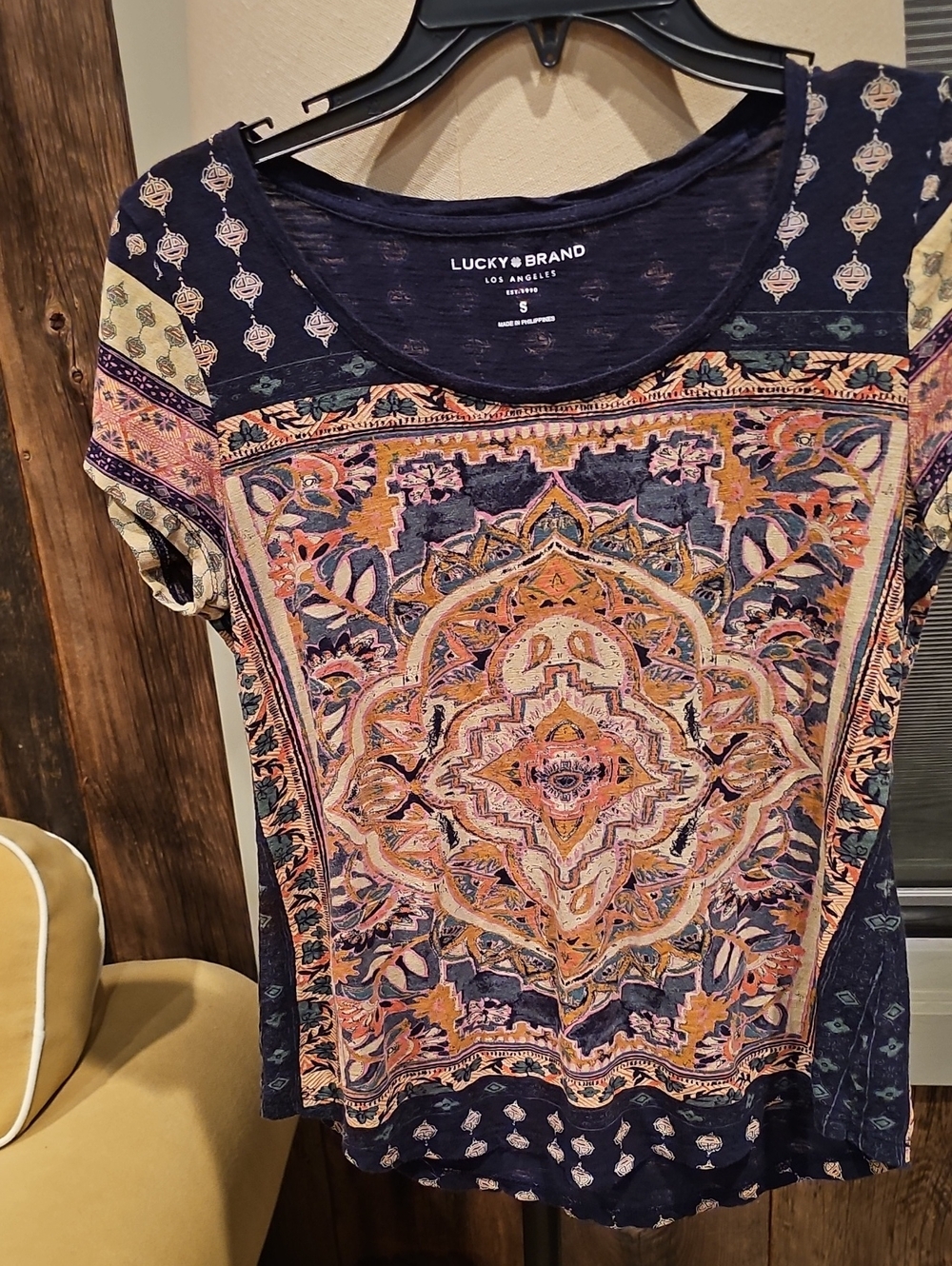 Lucky Brand Navy Multicolor Medallion Short Sleeve Tee